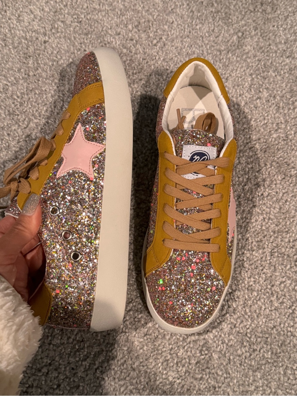 NIB Glitter Low-Top Sneakers with Pink Star and Mustard Trim
